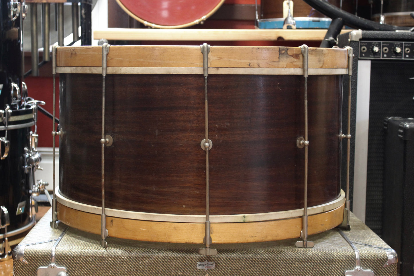 1920s Walberg and Auge 12x25 Bass Drum and 4x14 Snare Drum Outfit in Mahogany Finish