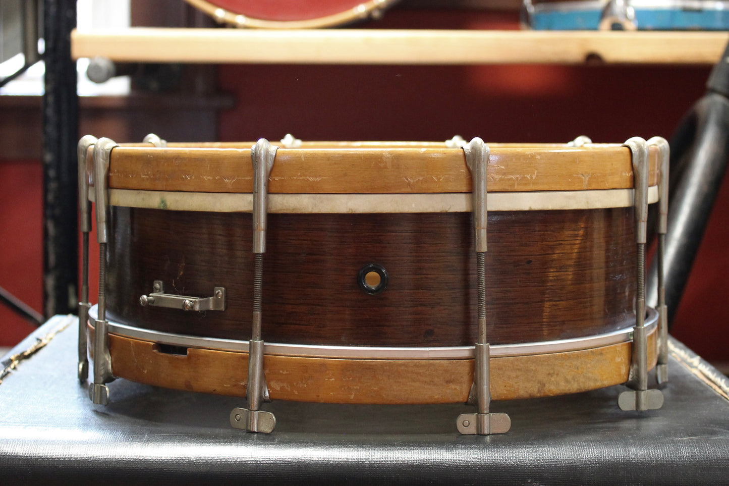 1920s Walberg and Auge 12x25 Bass Drum and 4x14 Snare Drum Outfit in Mahogany Finish