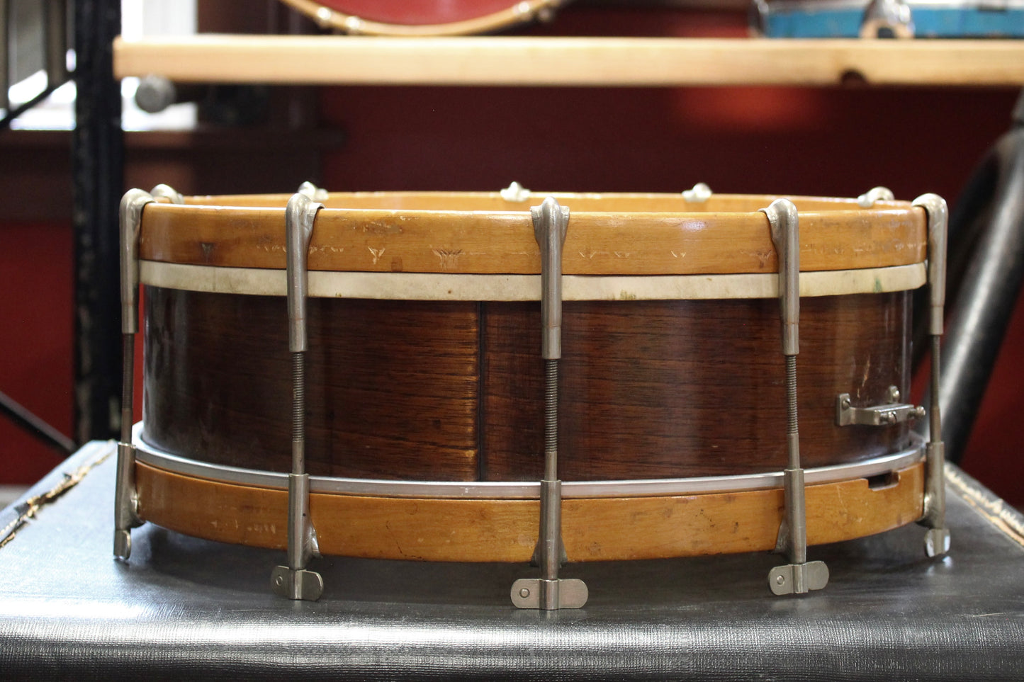 1920s Walberg and Auge 12x25 Bass Drum and 4x14 Snare Drum Outfit in Mahogany Finish