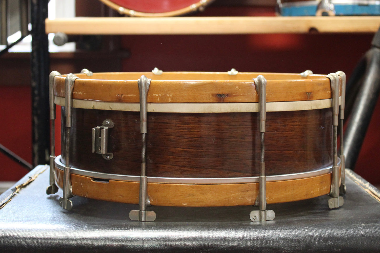 1920s Walberg and Auge 12x25 Bass Drum and 4x14 Snare Drum Outfit in Mahogany Finish