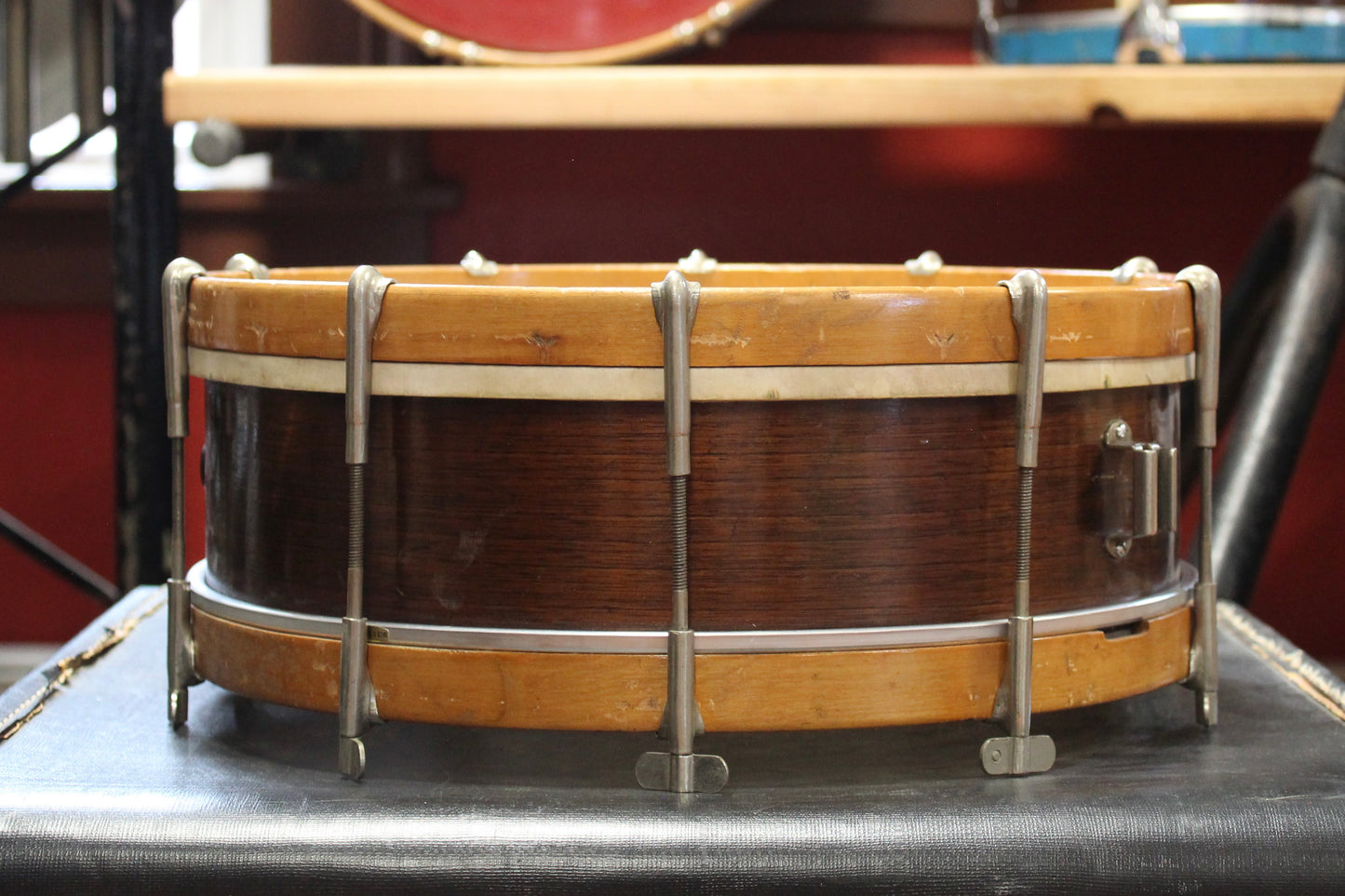 1920s Walberg and Auge 12x25 Bass Drum and 4x14 Snare Drum Outfit in Mahogany Finish