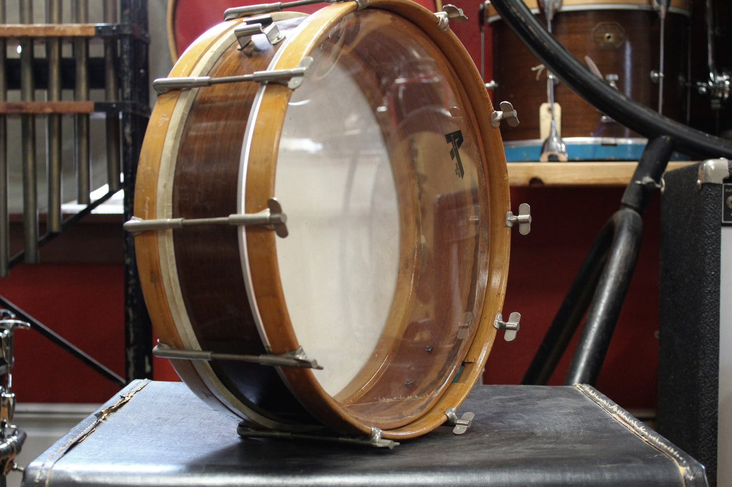 1920s Walberg and Auge 12x25 Bass Drum and 4x14 Snare Drum Outfit in Mahogany Finish