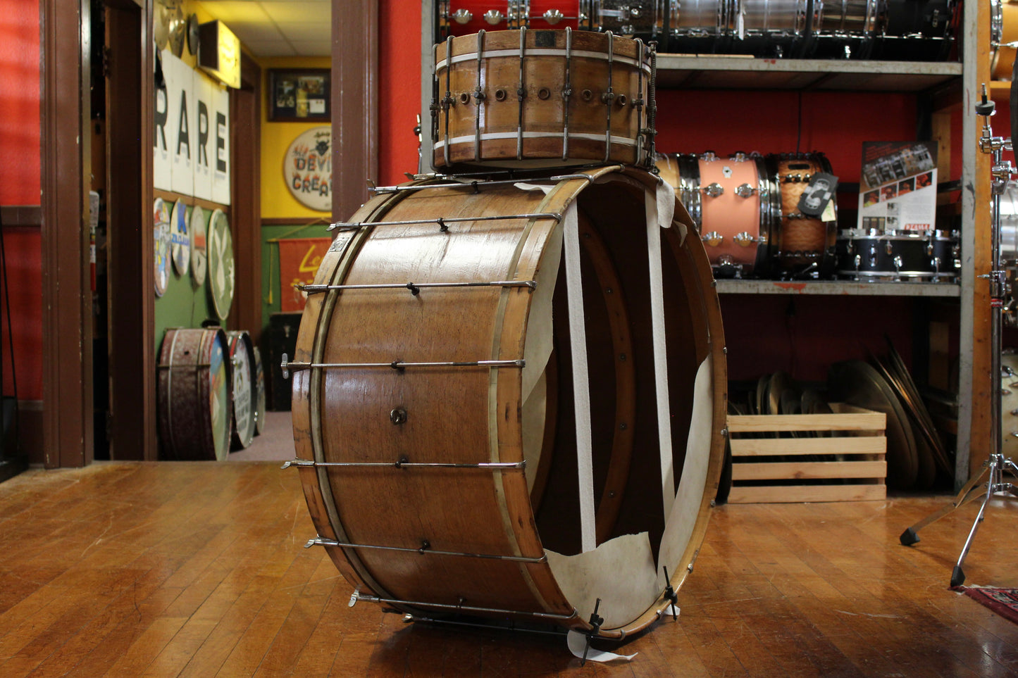 1920s Walberg and Auge 14x29.5 Bass Drum 7x14 Snare Drum Perfection Outfit in Natural Finish