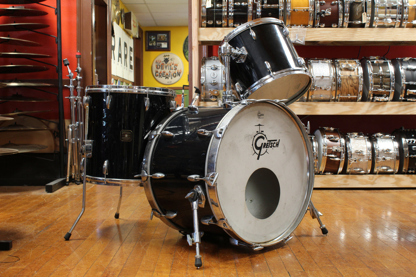1980s Gretsch Square Badge Outfit in Black Nitron 16x22 11x13 16x16