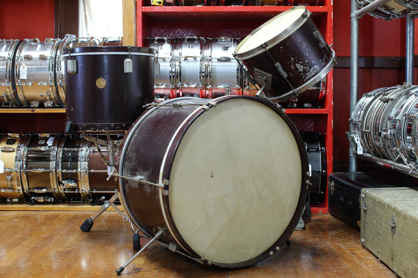 1940-50's Gretsch/Kent Drum set in Burgundy Lacquer 14"x22" 12"x14" 9"x13"