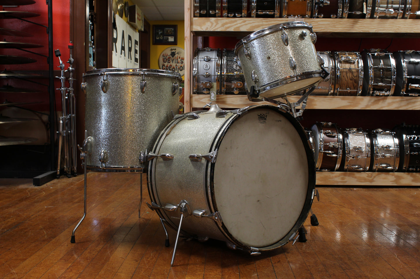 1970s Slingerland Gene Krupa Deluxe Outfit in Sparkling Silver Pearl 14x20 9x13 16x16