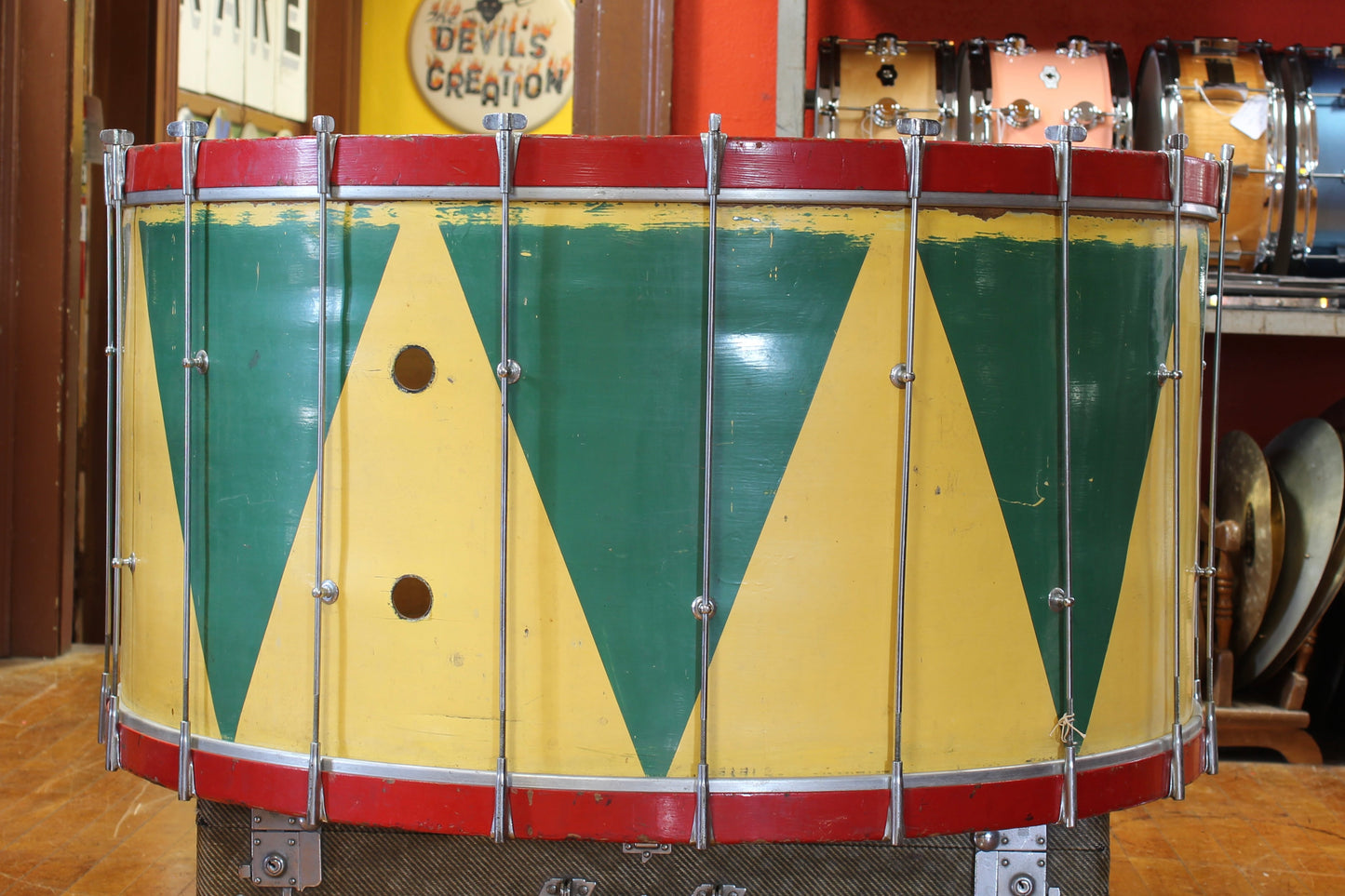 1920's George Stone 20"x38" Single Tension Bass drum in Red, Yellow, and Green