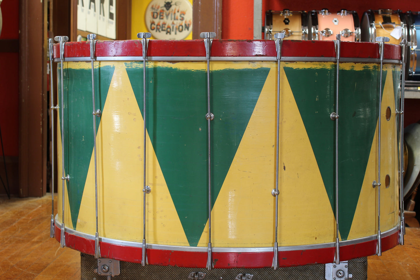 1920's George Stone 20"x38" Single Tension Bass drum in Red, Yellow, and Green