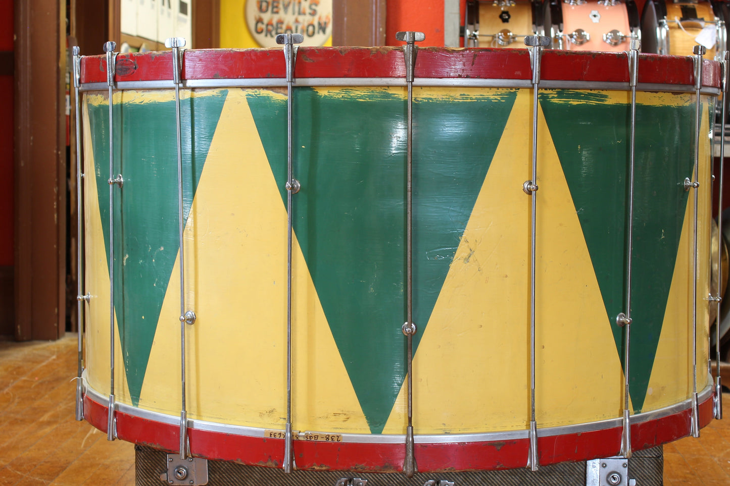 1920's George Stone 20"x38" Single Tension Bass drum in Red, Yellow, and Green