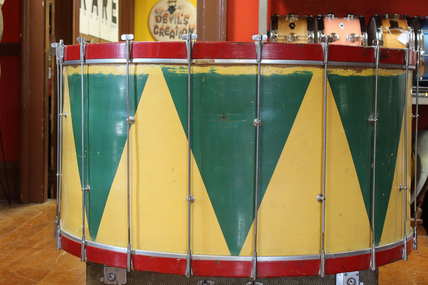 1920's George Stone 20"x38" Single Tension Bass drum in Red, Yellow, and Green