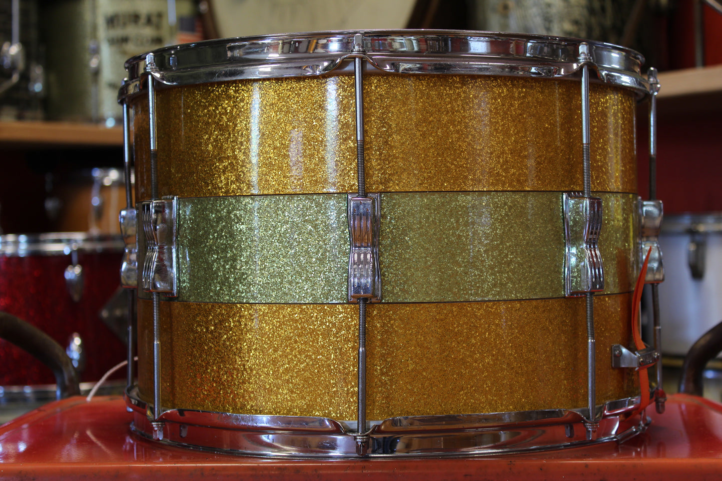 1960's Ludwig 10"x15" Marching Snare in Green and Gold Sparkle Tri Band