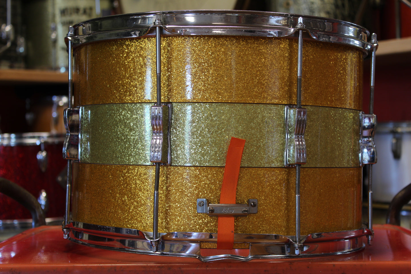 1960's Ludwig 10"x15" Marching Snare in Green and Gold Sparkle Tri Band