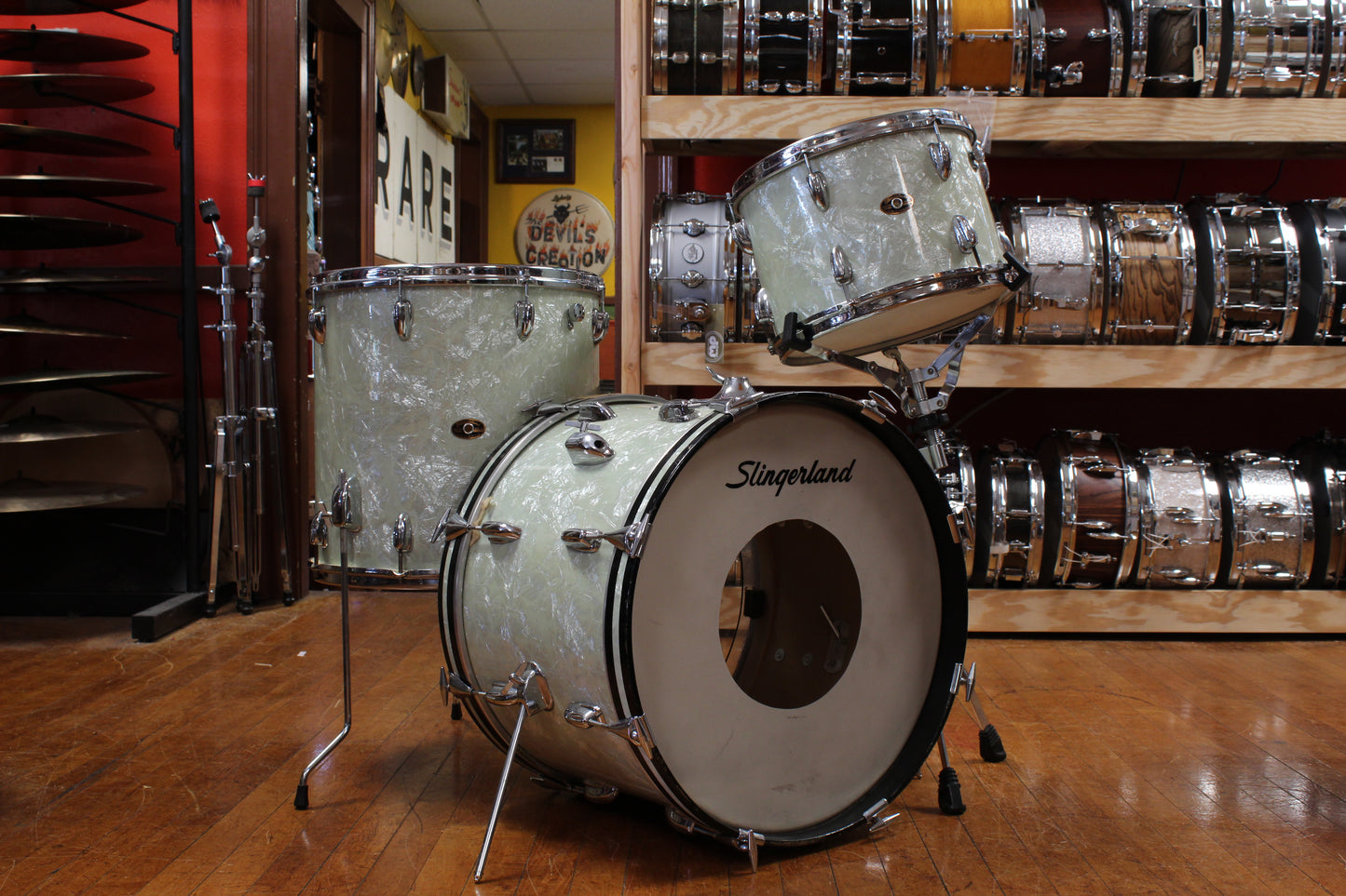 1960s Slingerland Gene Krupa Deluxe Outfit in White Marine Pearl 14x20 9x13 16x16
