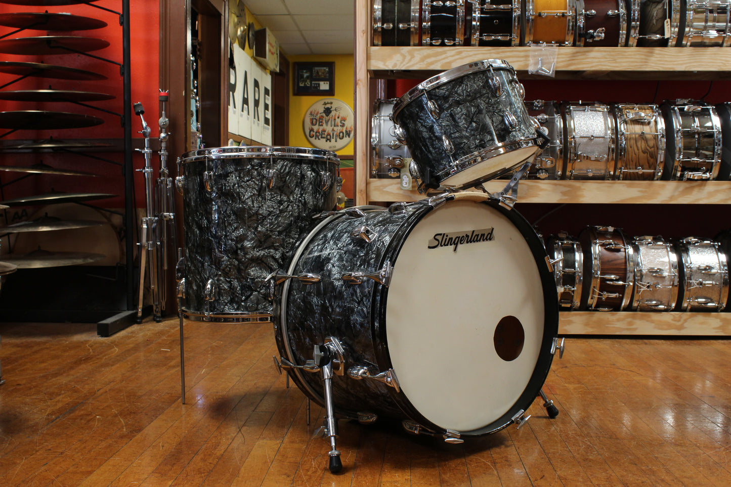 1960s Slingerland Gene Krupa Deluxe Outfit in Black Diamond Pearl 14x20 9x13 16x16