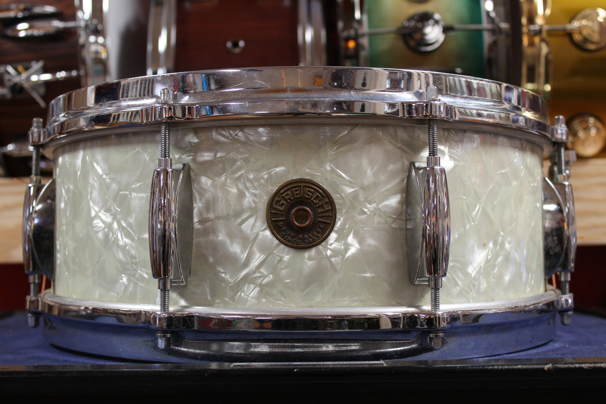 1960s Gretsch 5.5x14 Name Band Snare Drum in White Marine Pearl