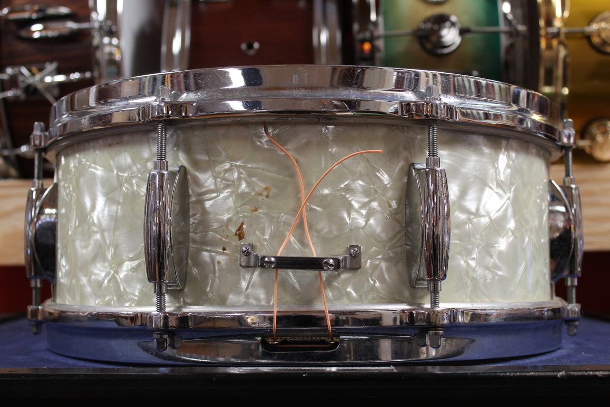 1960s Gretsch 5.5x14 Name Band Snare Drum in White Marine Pearl