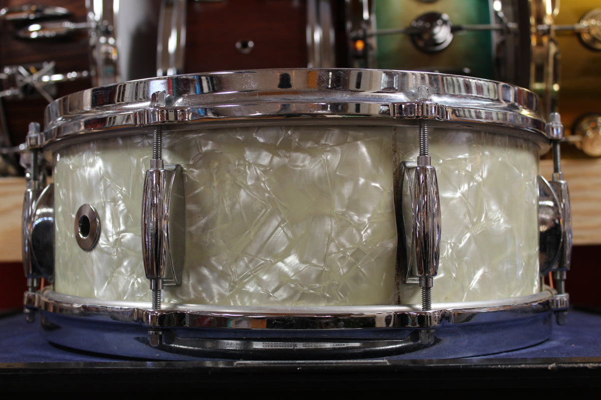 1960s Gretsch 5.5x14 Name Band Snare Drum in White Marine Pearl