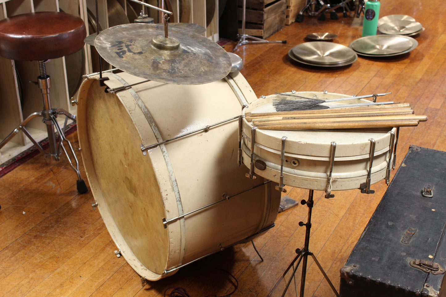 Early 1900s Lyon & Healy Trap Drum Kit in White Lacquer 12x24 3x14