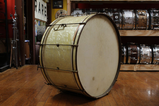 1930s Leedy 14x28 Spartan Bass Drum in White Marine Pearl w/ Knobby Gold Hardware