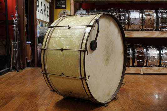 1930s Leedy 14x28 Spartan Bass Drum in White Marine Pearl w/ Knobby Gold Hardware