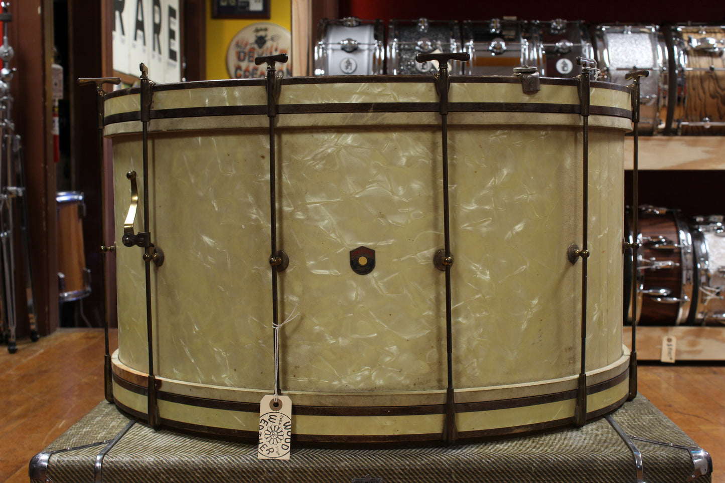 1930s Leedy 14x28 Spartan Bass Drum in White Marine Pearl w/ Knobby Gold Hardware