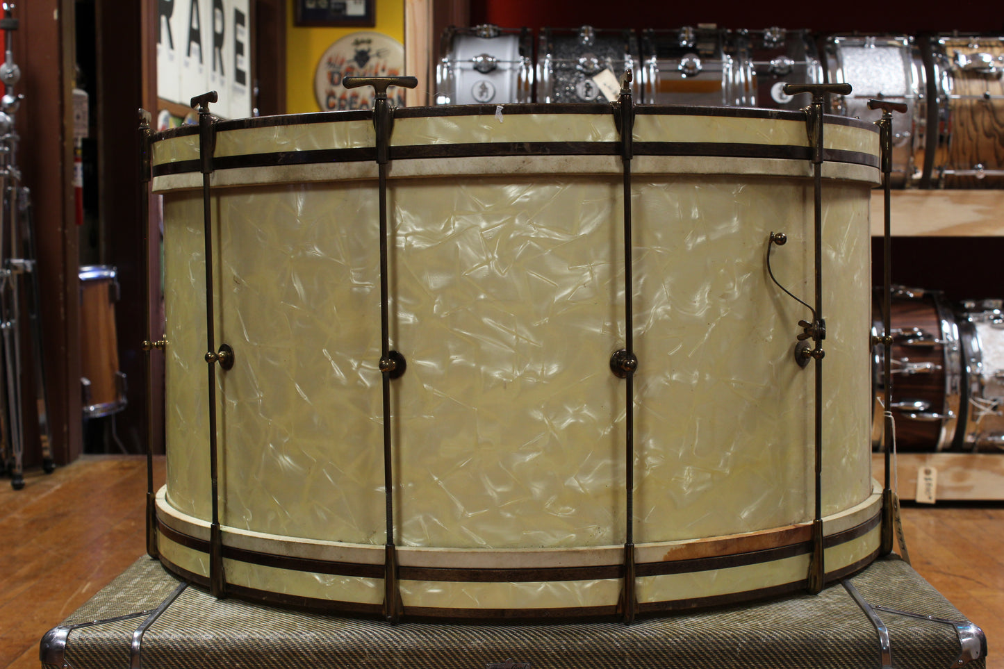 1930s Leedy 14x28 Spartan Bass Drum in White Marine Pearl w/ Knobby Gold Hardware