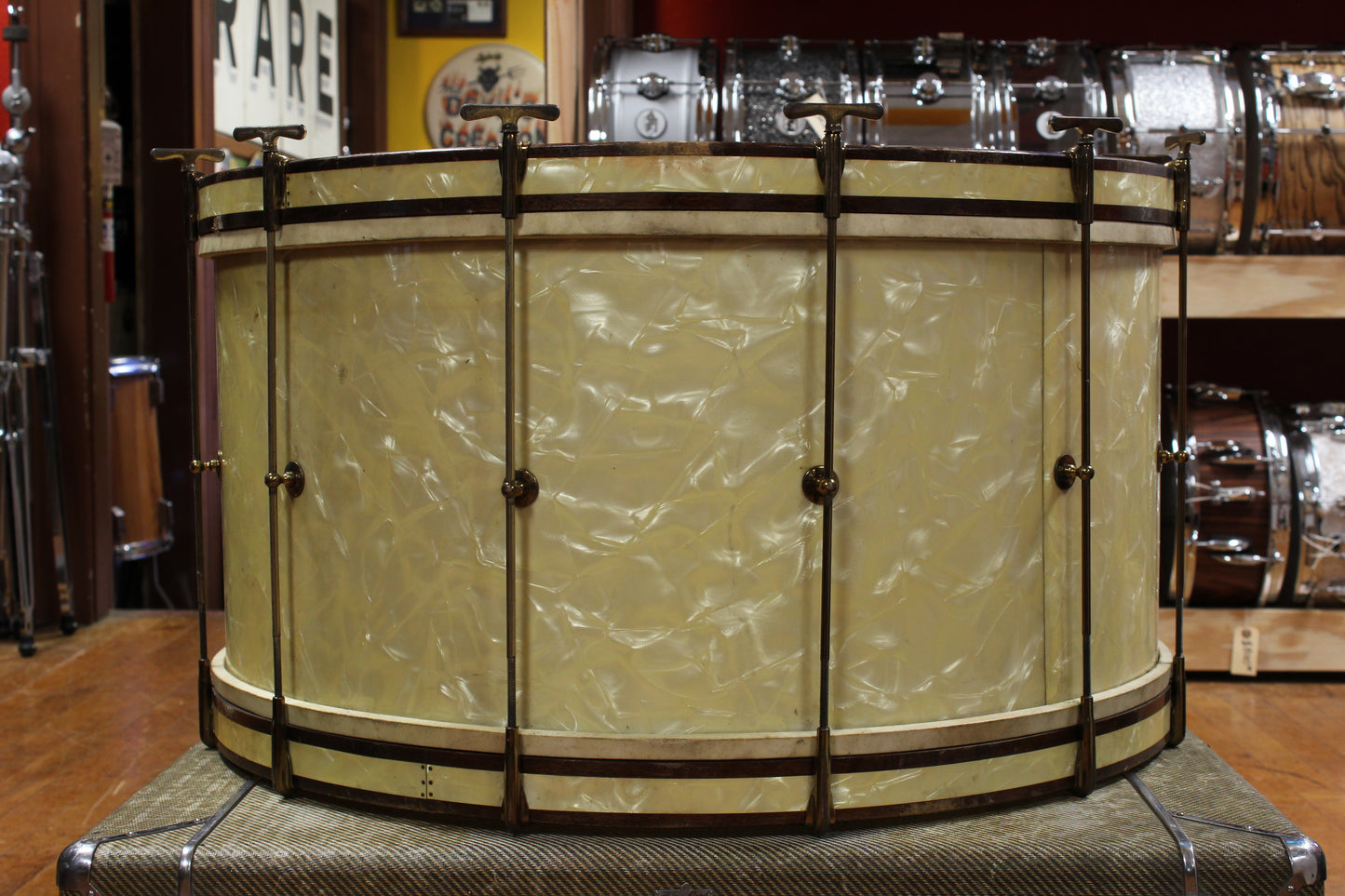 1930s Leedy 14x28 Spartan Bass Drum in White Marine Pearl w/ Knobby Gold Hardware