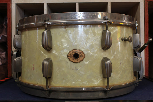 1940s Slingerland 7x14 Radio King Snare Drum in White Marine Pearl