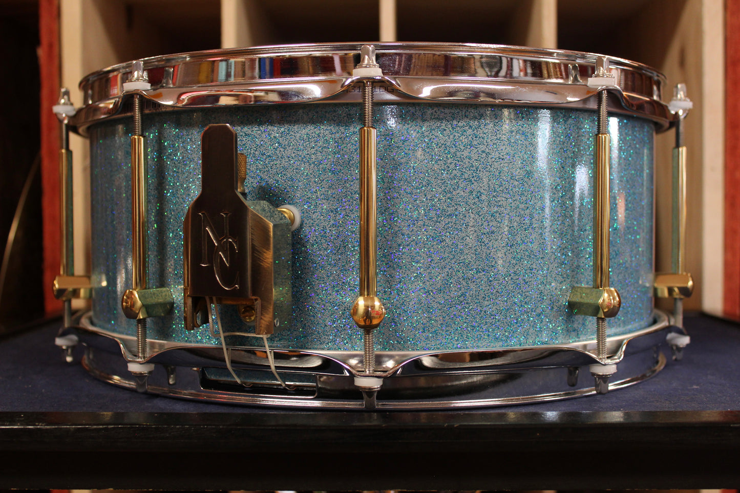 Noble and Cooley 6x 14 Walnut Solid Shell Classic Snare Drum in Aqua Sparkle