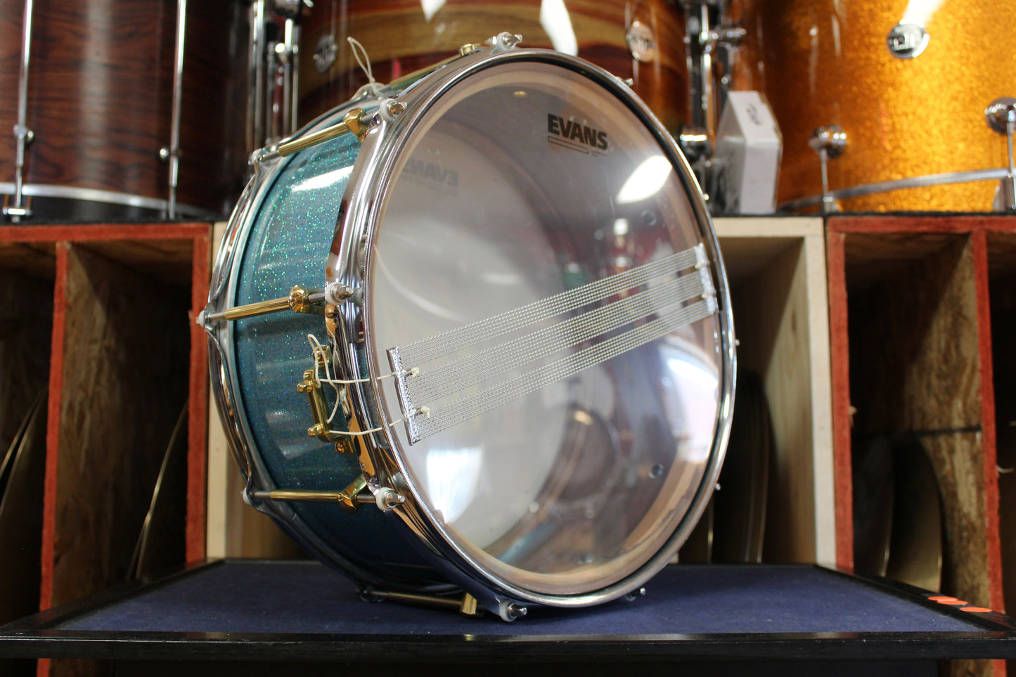Noble and Cooley 6x 14 Walnut Solid Shell Classic Snare Drum in Aqua Sparkle
