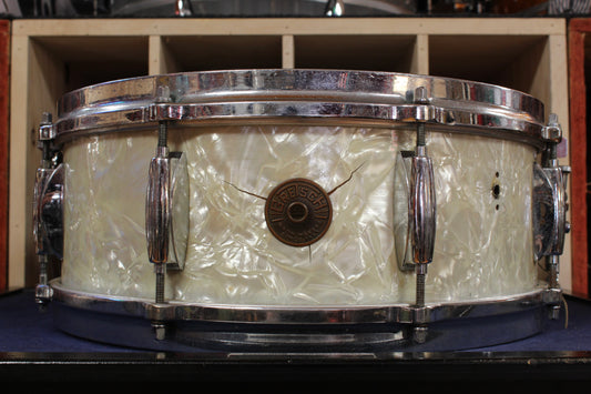 1960s Gretsch 5.5x14 Name Band Snare Drum in White Marine Pearl