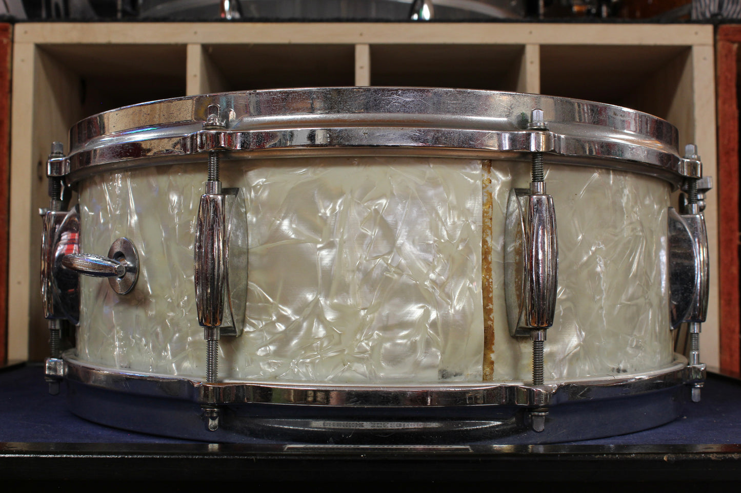 1960s Gretsch 5.5x14 Name Band Snare Drum in White Marine Pearl