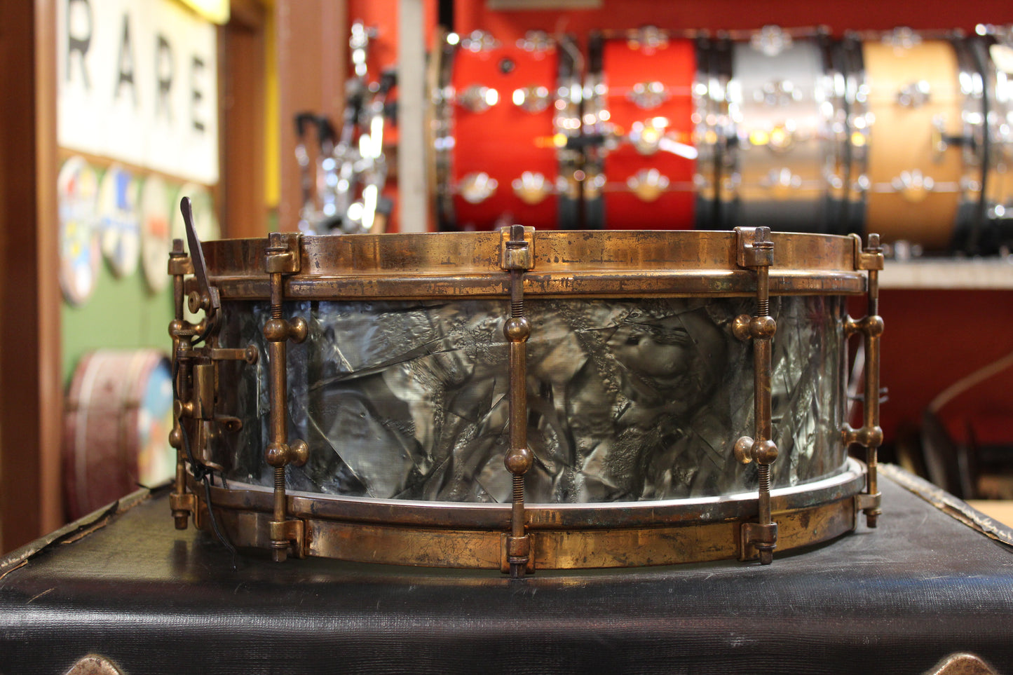 1930s Slingerland 5x14 Tone Flange Snare Drum in Black Diamond Pearl