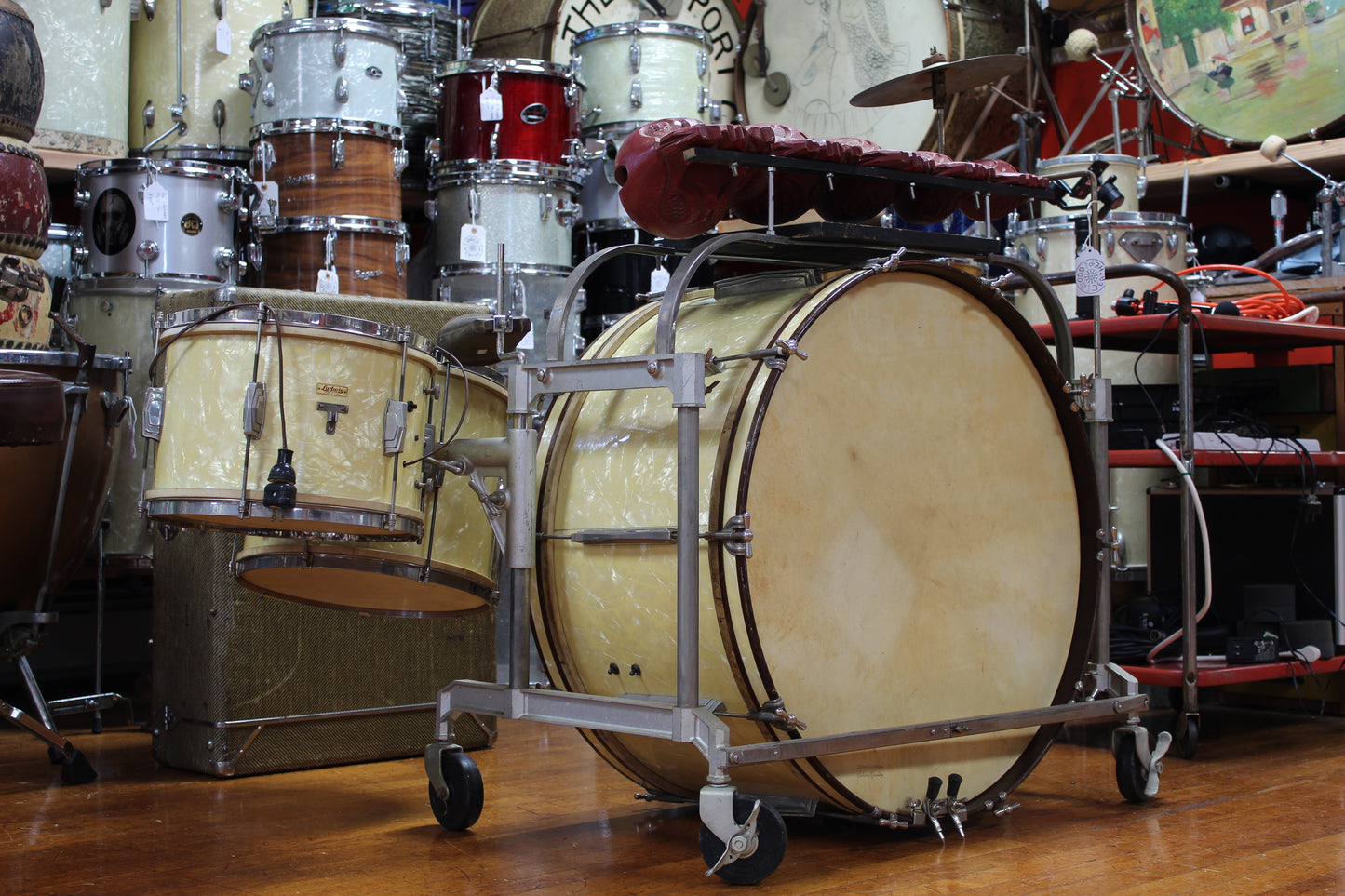 1930s Ludwig & Ludwig Special Deluxe Drum outfit in Avalon Pearl 14x28 12x14 9x13