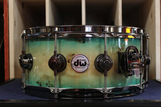 DW 6x14 Collectors Series Exotic Natural to Blue Burst Over Mapa Burl w/ Black Nickel HW