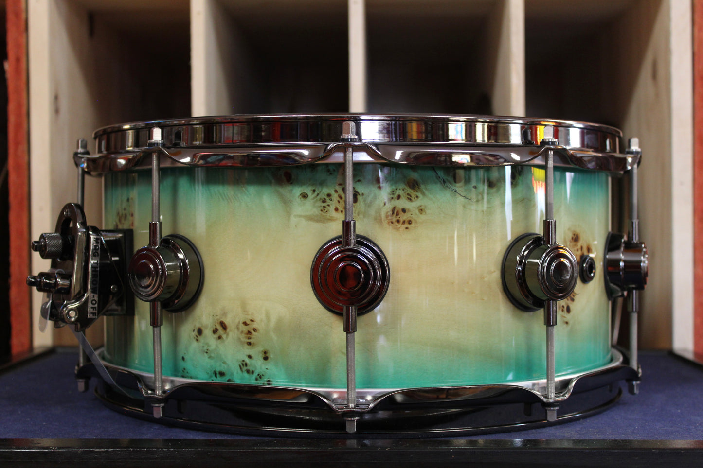 DW 6x14 Collectors Series Exotic Natural to Blue Burst Over Mapa Burl w/ Black Nickel HW