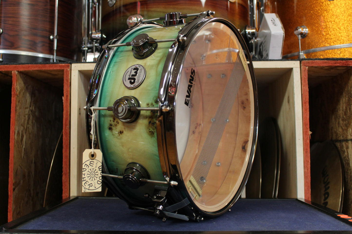 DW 6x14 Collectors Series Exotic Natural to Blue Burst Over Mapa Burl w/ Black Nickel HW