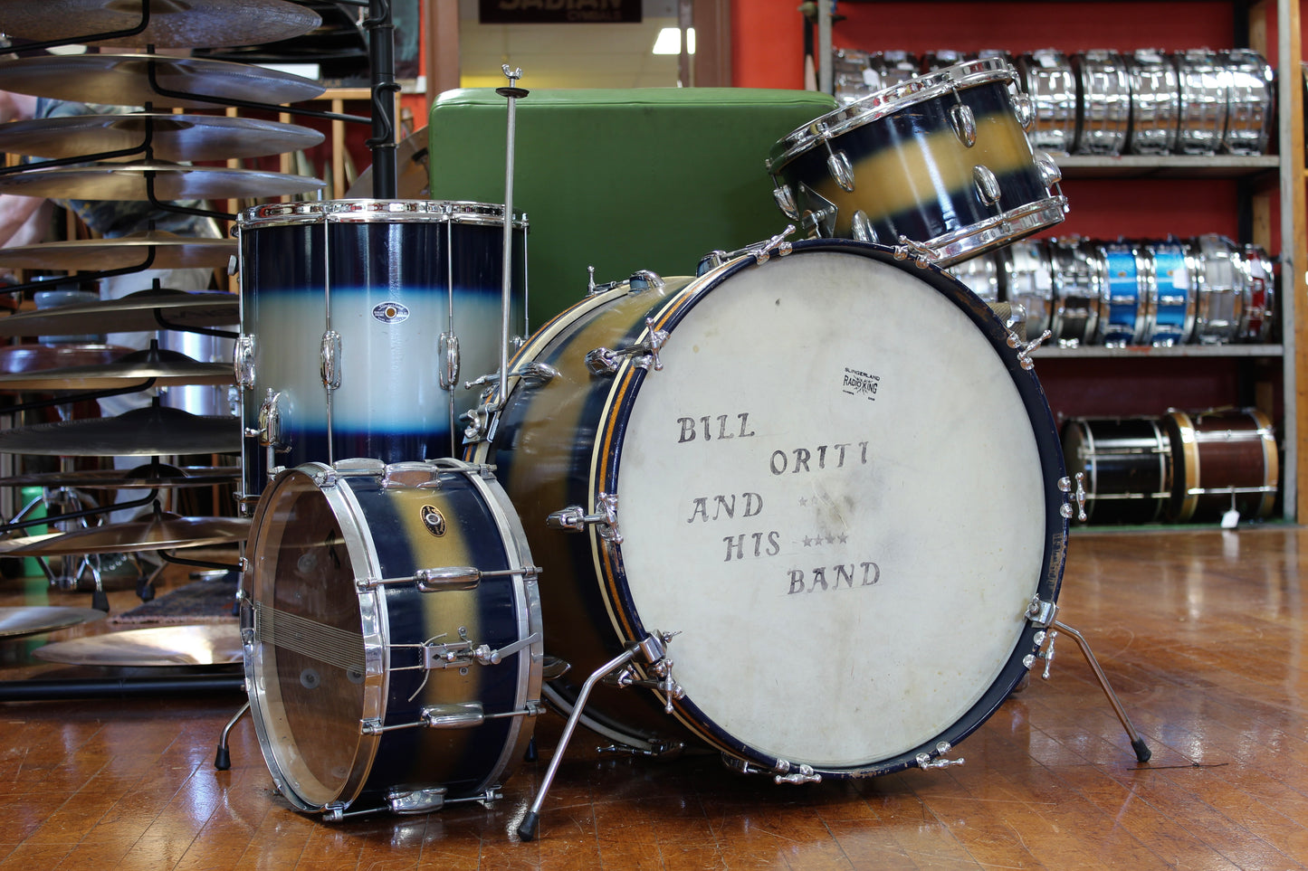 1950s Slingerland Swing-Master Ensemble in Blue & Gold Duco 14x22 6.5x14 14x14 8x12