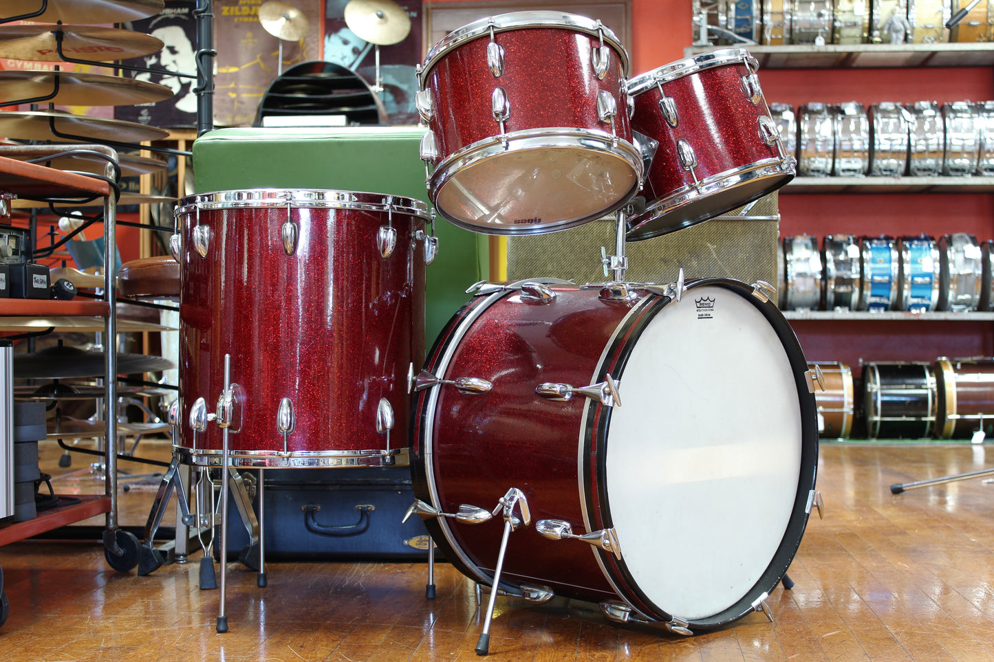 1966 Slingerland Modern Solo outfit in Sparkling Red Pearl 14x20 16x16 8x12 8x12