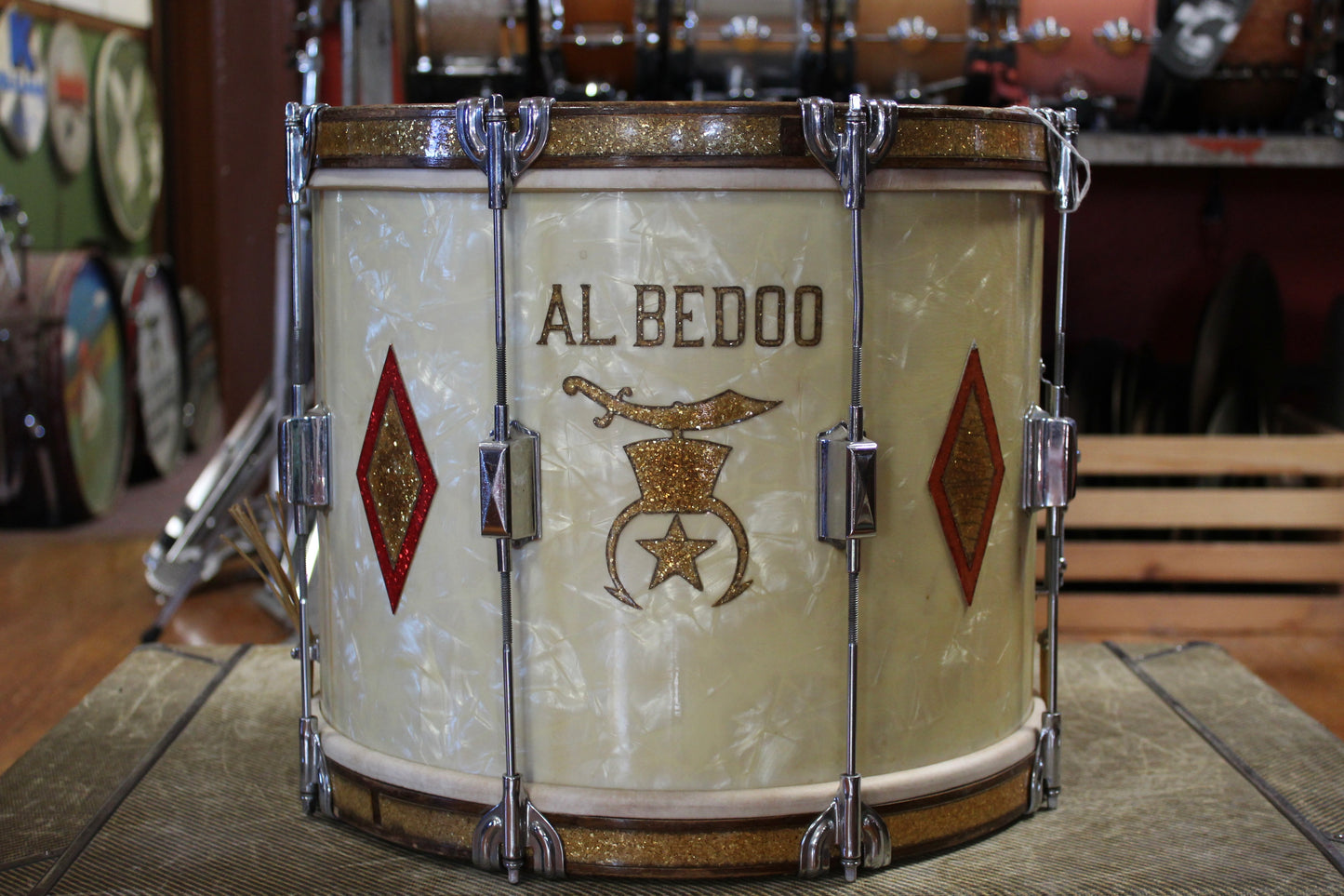 June 1936 Leedy 12x15 Marching Snare Drum in White Marine Pearl Full Dress