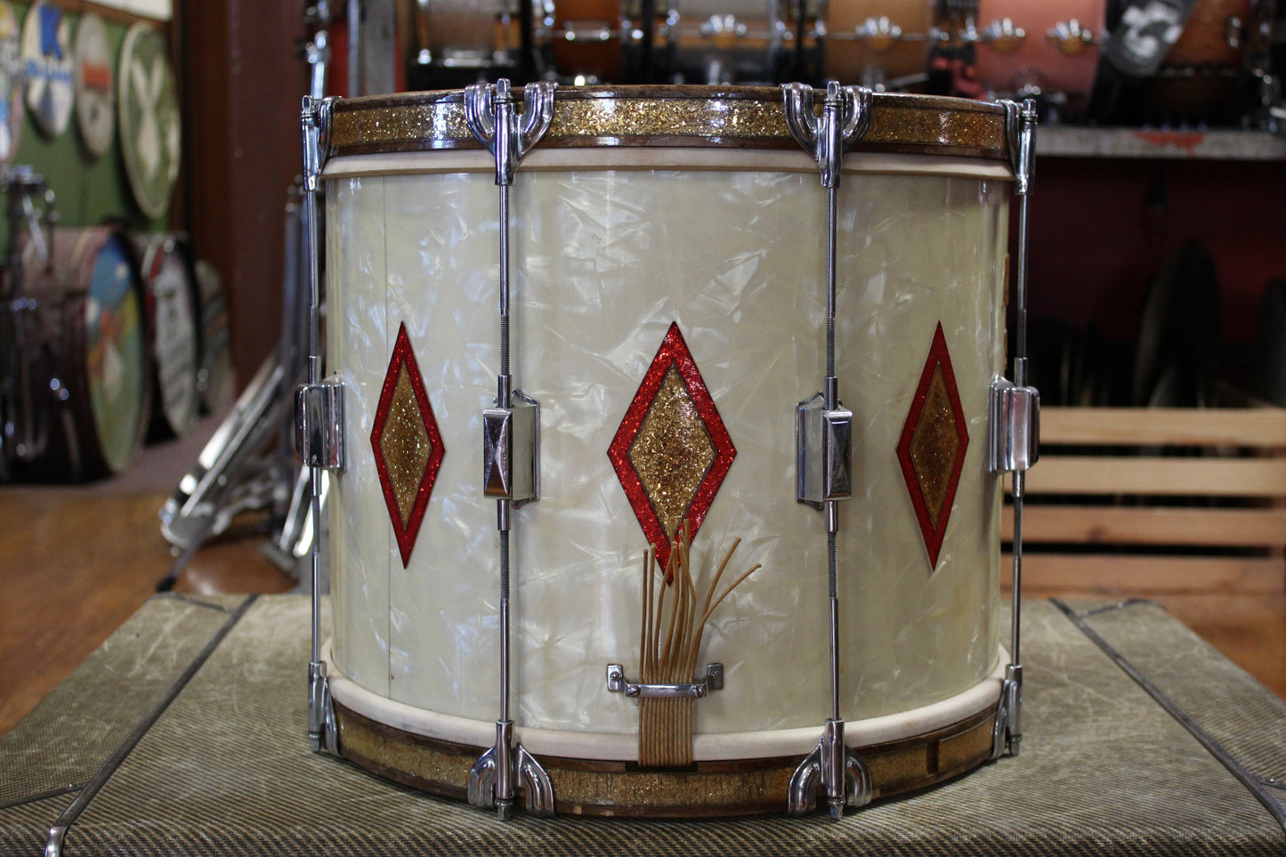 June 1936 Leedy 12x15 Marching Snare Drum in White Marine Pearl Full Dress