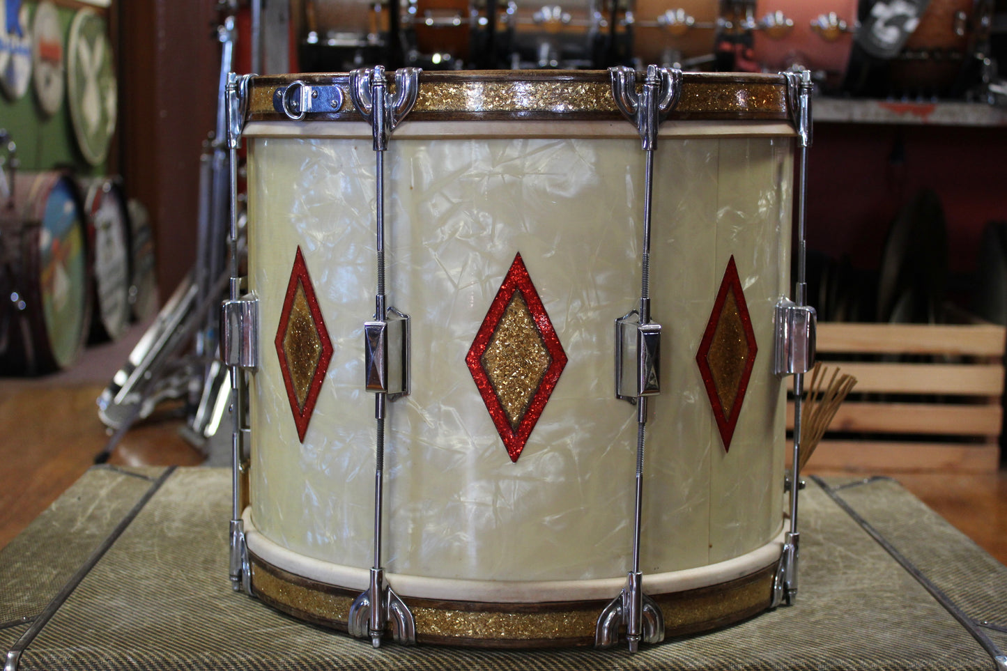 June 1936 Leedy 12x15 Marching Snare Drum in White Marine Pearl Full Dress