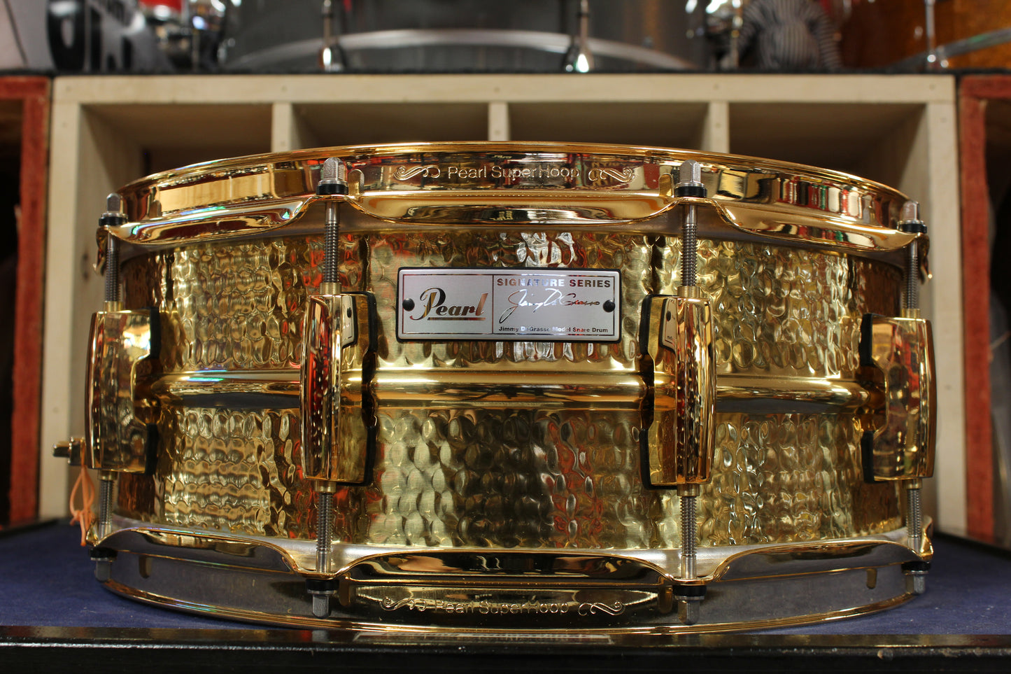 Early 2000s Pearl 5.5x14 Jimmy Degrasso Signature Snare Drum in Hammered Brass