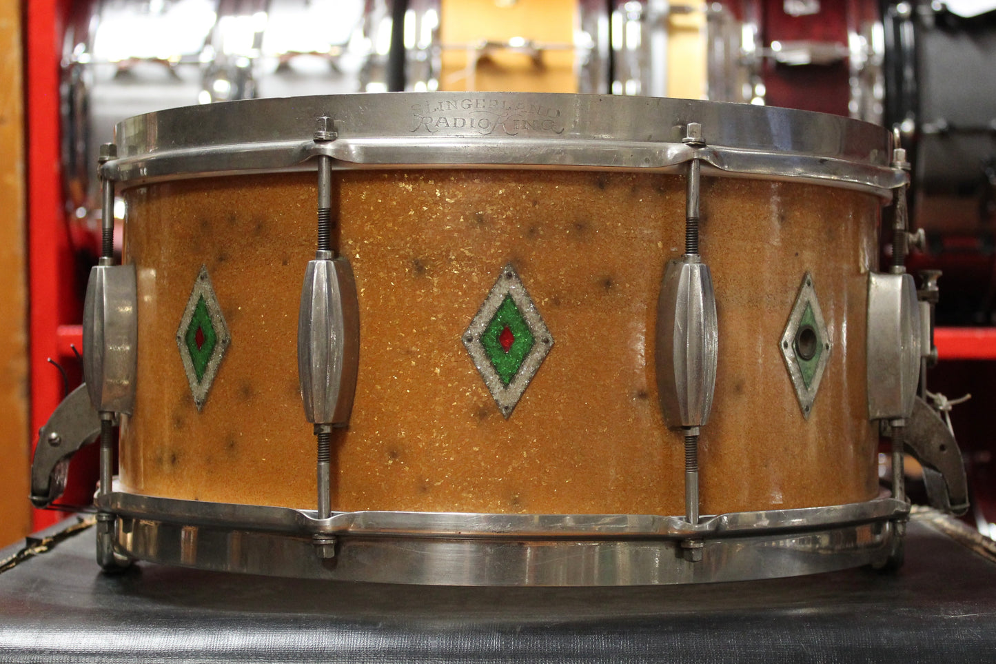 1930's Slingerland Radioking 7x14 Snare Drum in Gold Sparkle Full Dress