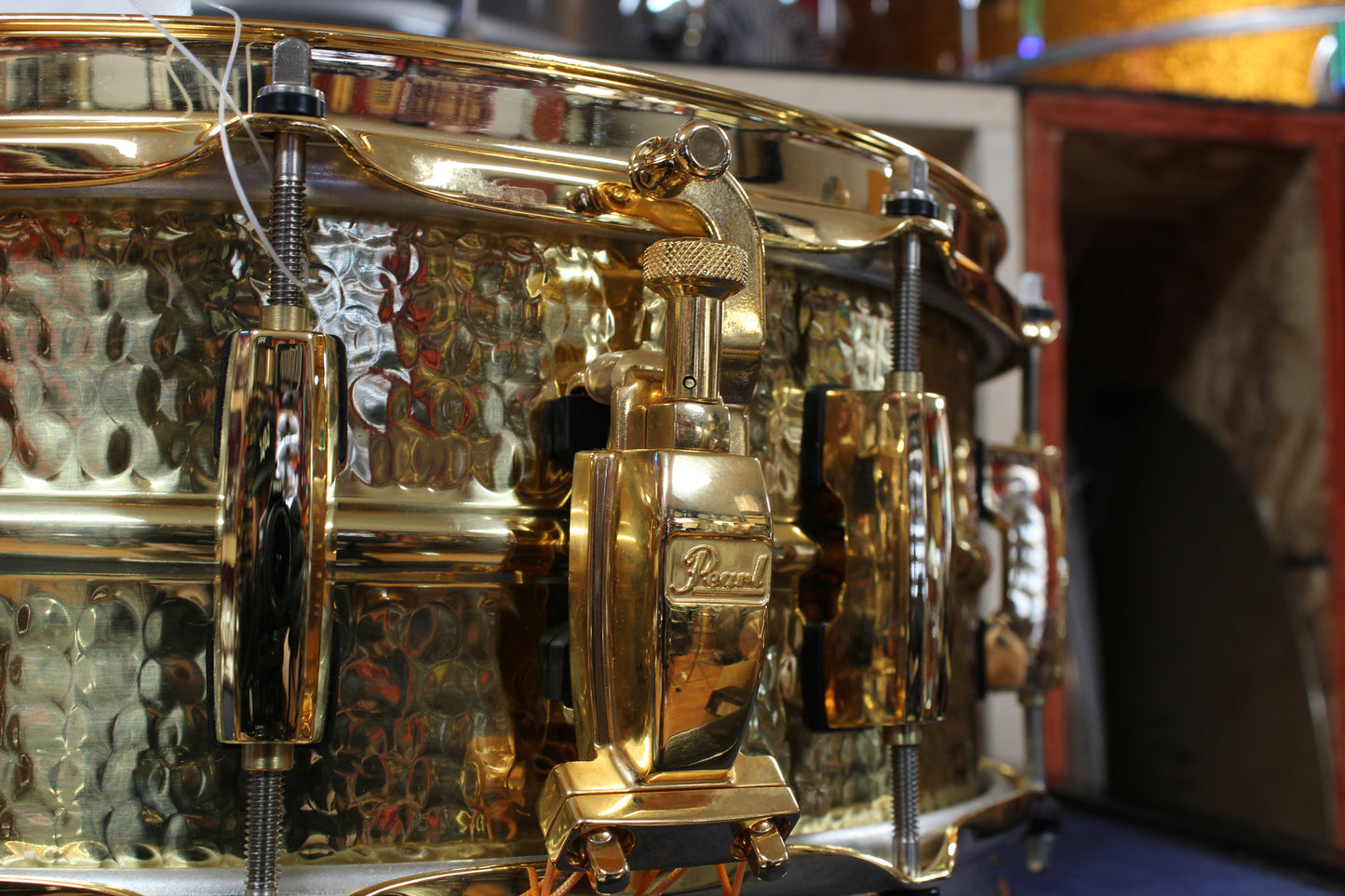 Early 2000s Pearl 5.5x14 Jimmy Degrasso Signature Snare Drum in Hammered Brass