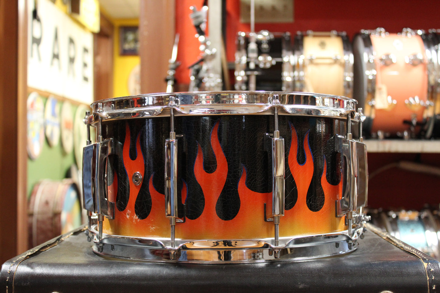 Green Custom Drums 7x14 Snare Drum in Black Lacquer with Flames