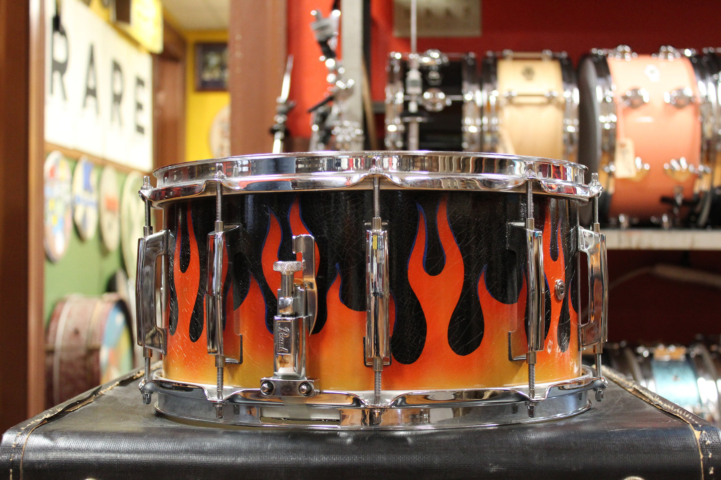 Green Custom Drums 7x14 Snare Drum in Black Lacquer with Flames