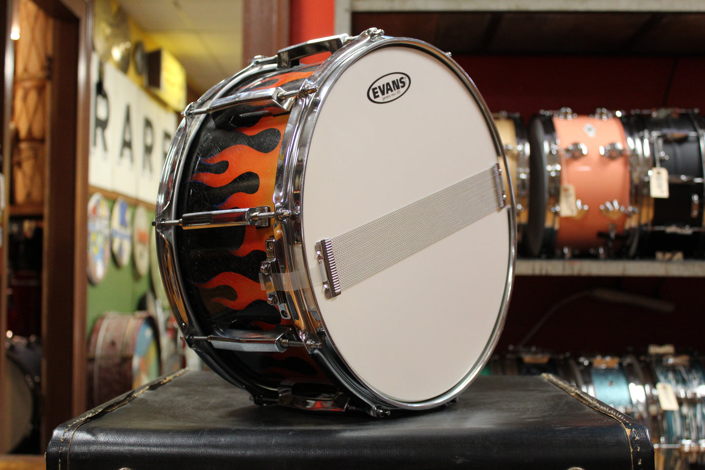 Green Custom Drums 7x14 Snare Drum in Black Lacquer with Flames