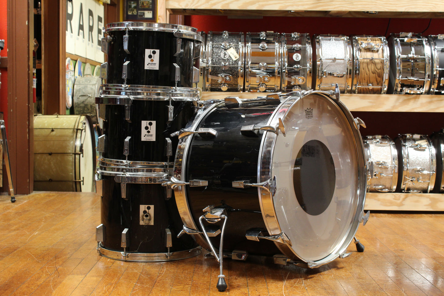 1980s Sonor Phonic Drum Kit in Black 14x22 12x15 10x14 9x13