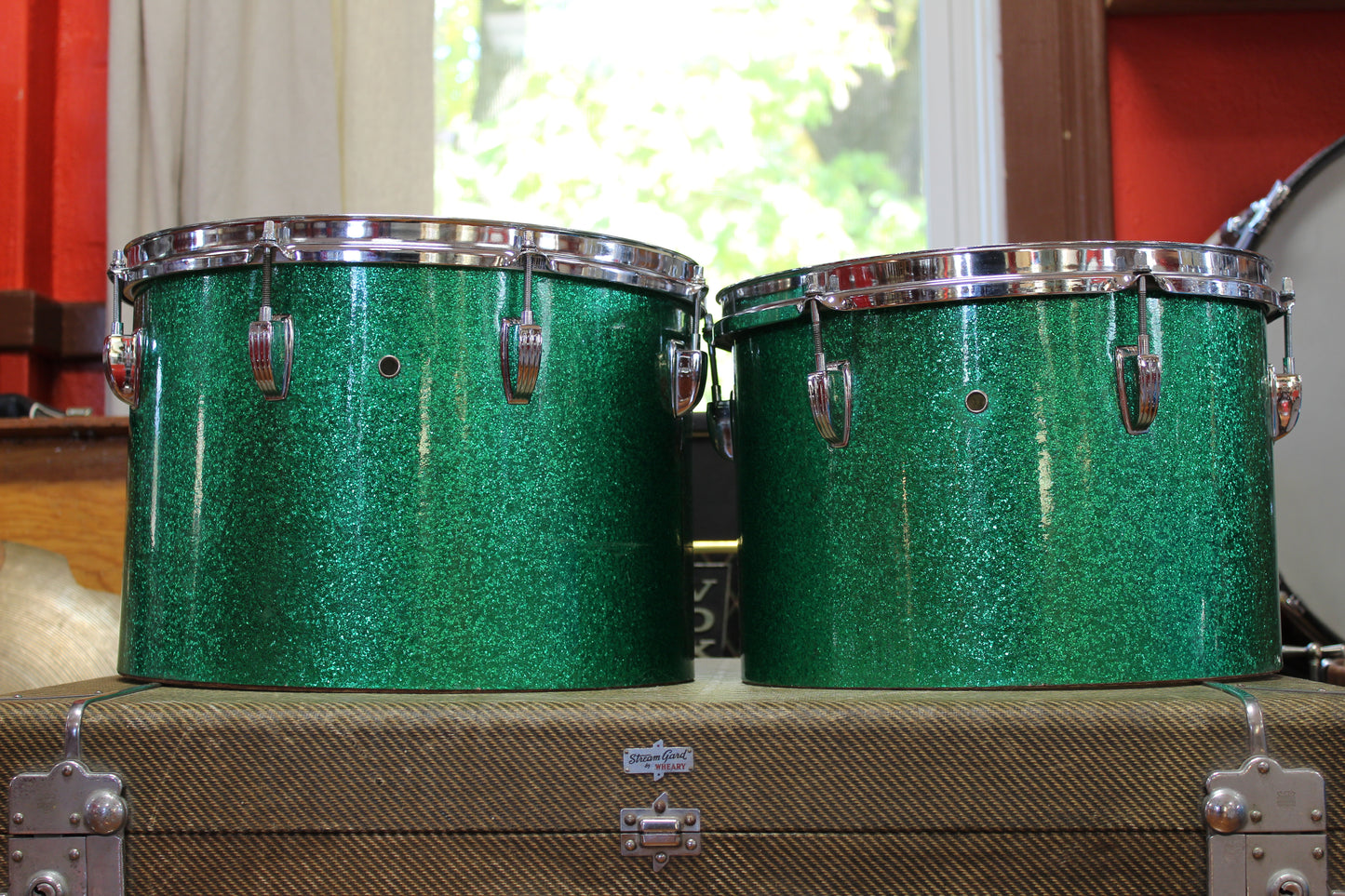 1970s Ludwig Concert Toms in Green Sparkle 9x13 10x14